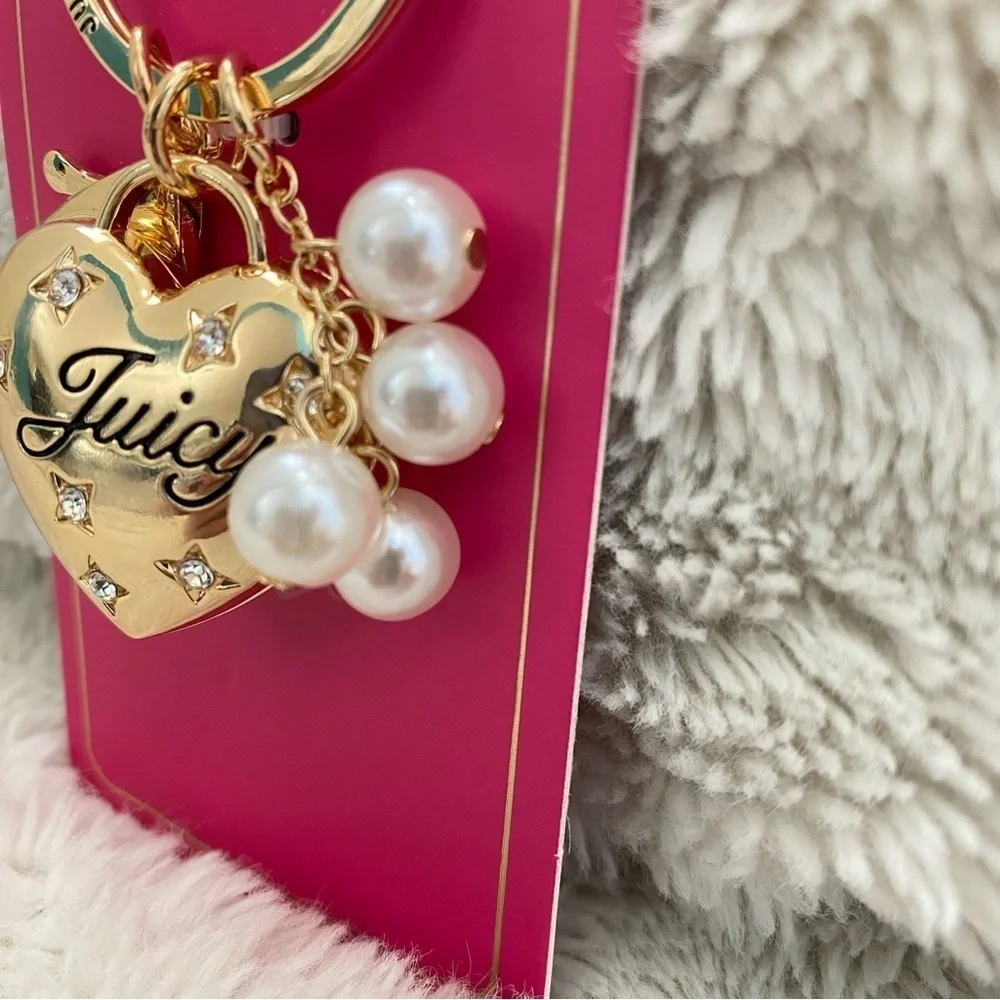 Juicy Couture Gold Heart Purse Keychain with Pearl Charms New